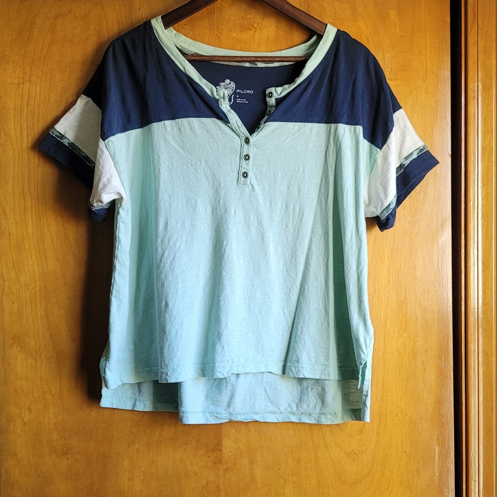 Anthropologie Pilcro Blue and Green V-Neck Short Sleeve Top